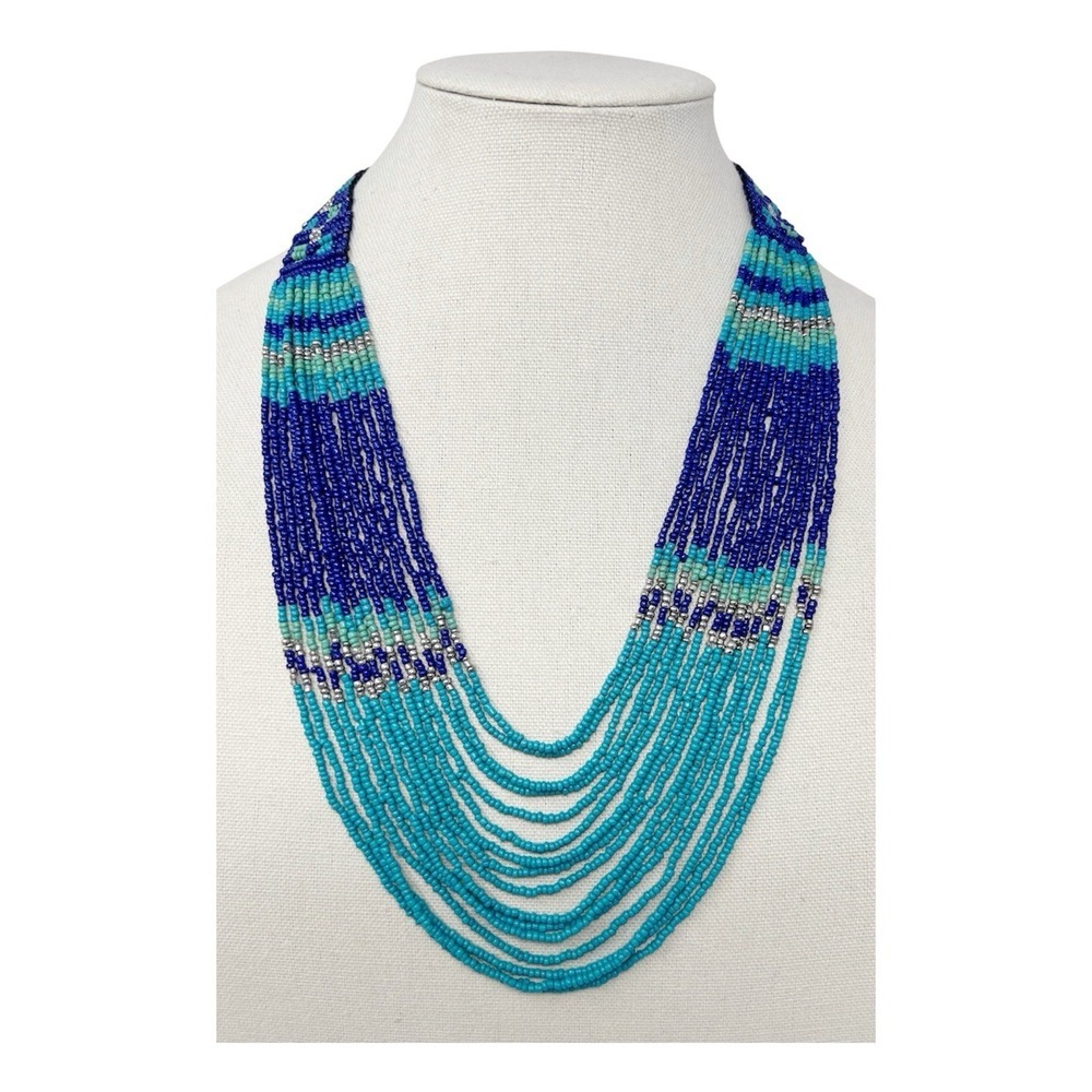 Multi-Strand Beaded Statement Necklace Blue Turquoise Silver Tone Boho Bib - Picture 2 of 6